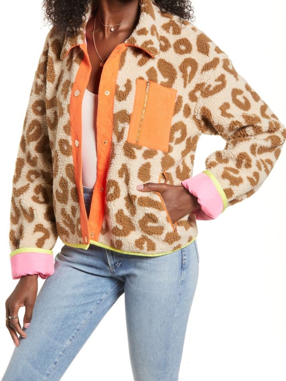 J.O.A. Pink Jacket with Brown Leopard Sherpa